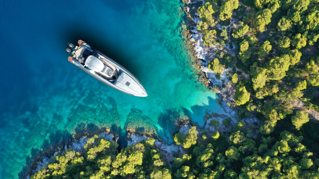 Aerial,Drone,Top,Down,Photo,Of,Inflatable,Speed,Boat,Anchored